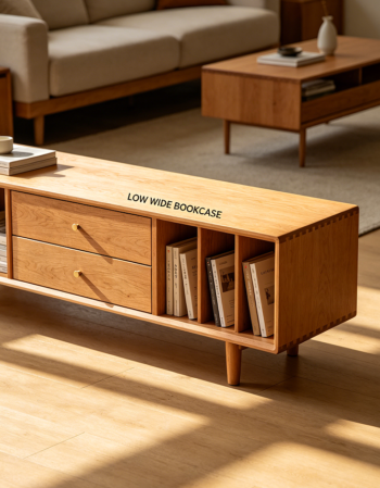 Low Wide Bookcase with Two Drawers and Open Cubes