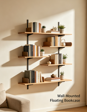 Wall-Mounted Floating Bookcase with Six Asymmetric Shelves